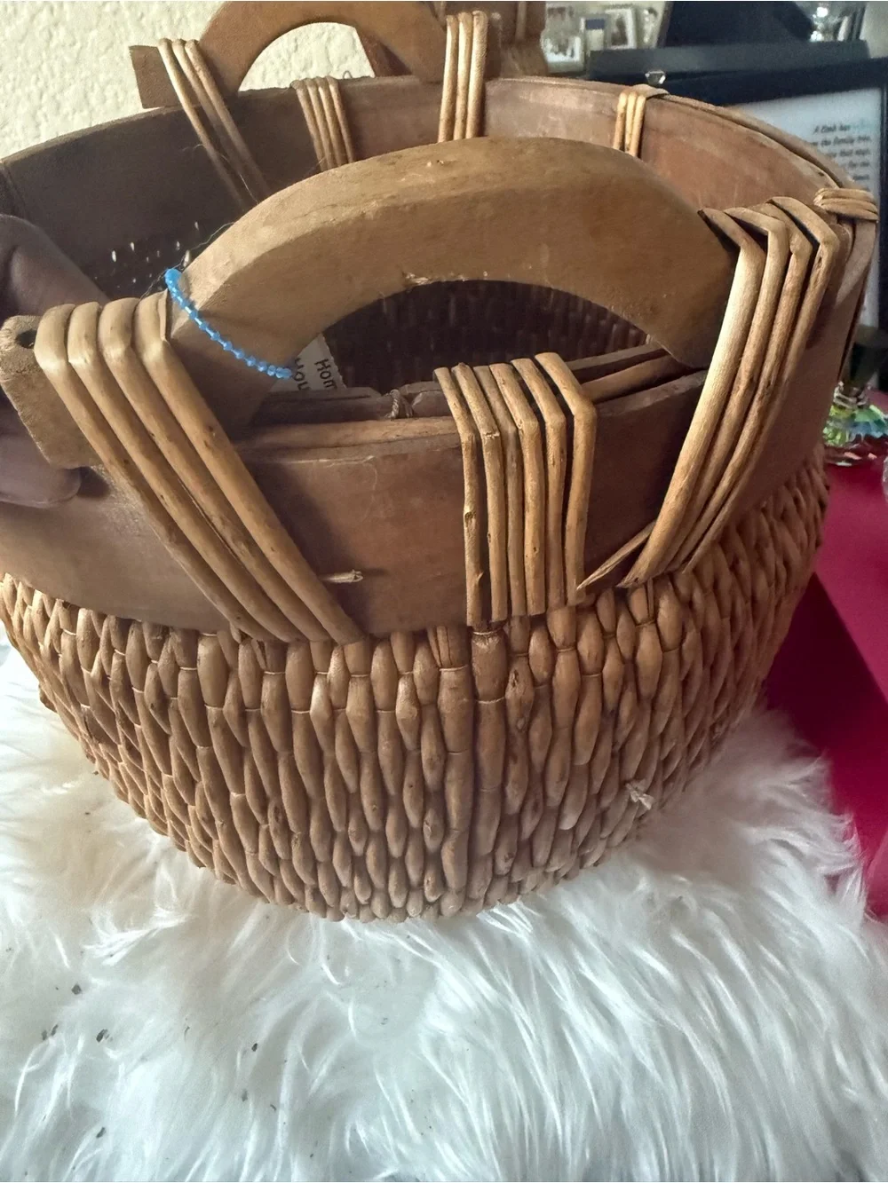 Antique Chinese Woven Willow Gathering Basket Medium Hand Carved Arched Handles